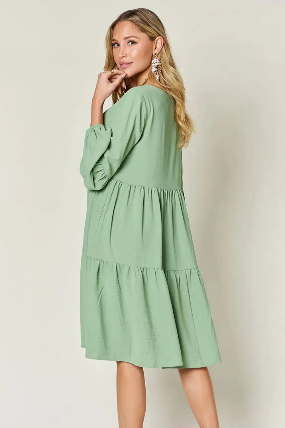 Double Take Full Size V-Neck Balloon Sleeve Tiered Dress Casual Dresses - Tophatter Daily Deals